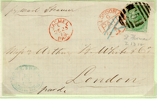Letter send via the British Post Office in Jacmel
showing the C51-cancel of St. Thomas in the Danish West Indies